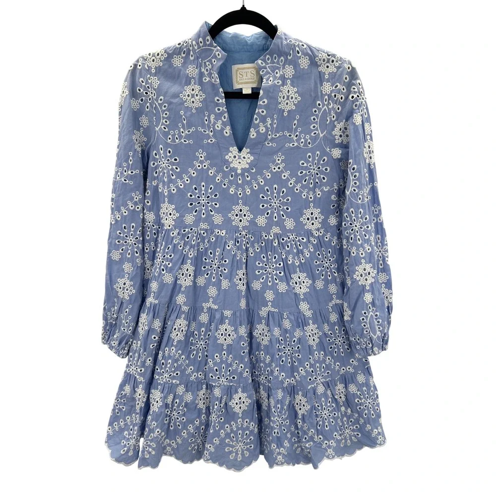 Sail to Sable STS Blue Eyelet Cotton Floral Tiered Mini Dress Small Preppy Party - Picture 2 of 8